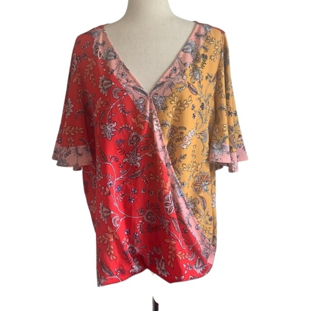 Umgee Bohemian Paisley Colorblock Blouse 1X Bell Sleeve Artsy Colorful Tunic Top